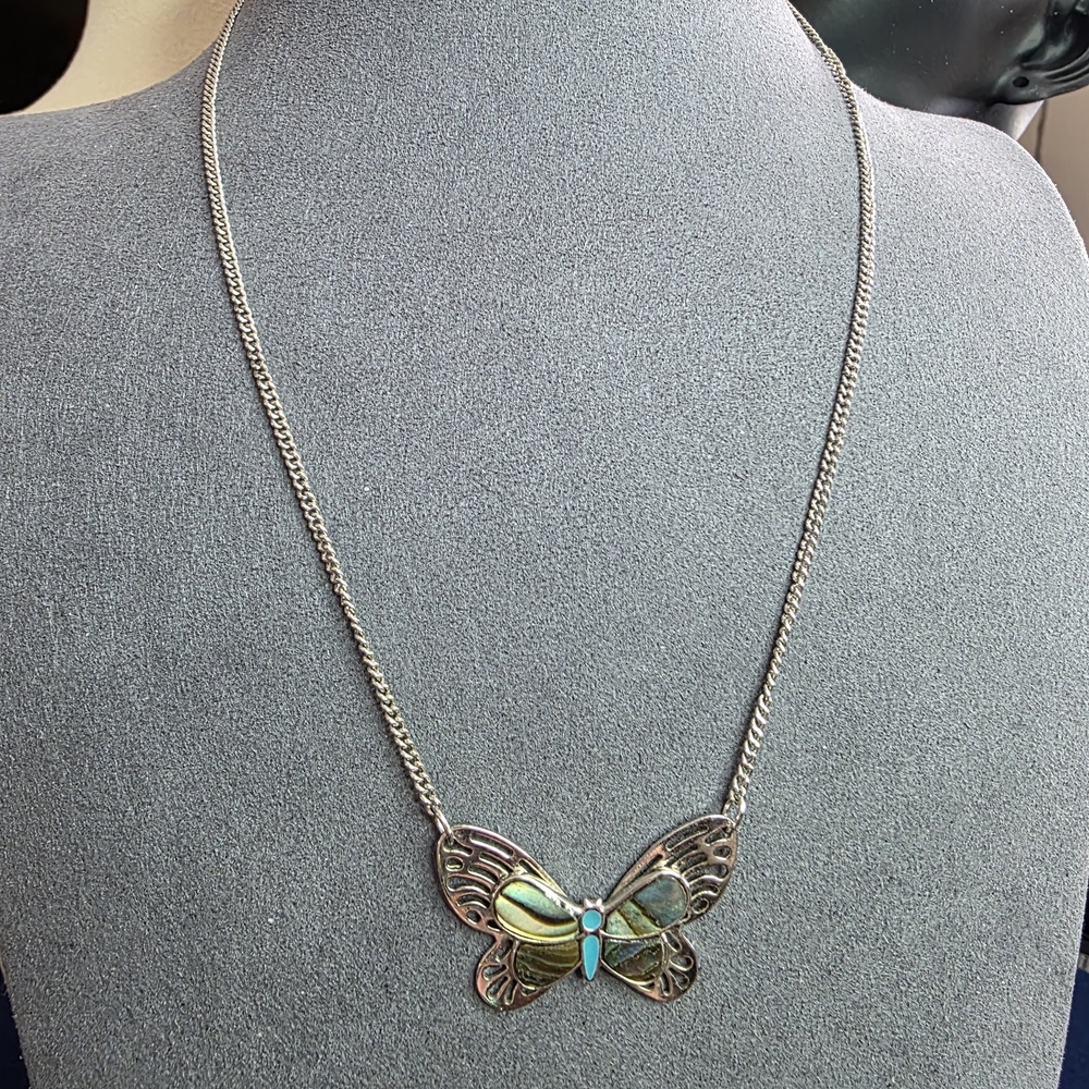 Artistry Abalone Shell Butterfly Necklace Silver Tone Turquoise Blue